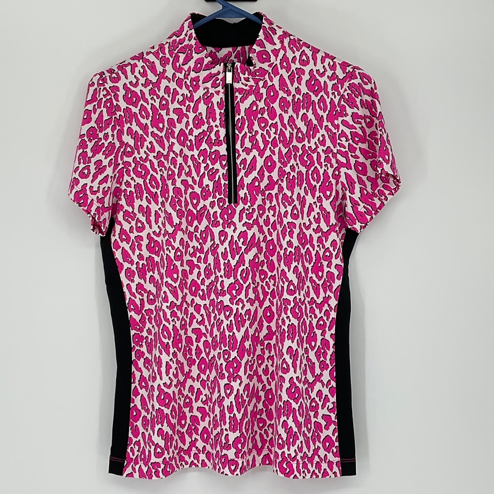 Tail White Label Golf Polo Size M Pink Leopard Print 1/4 Zip Mock Neck UPF Top
